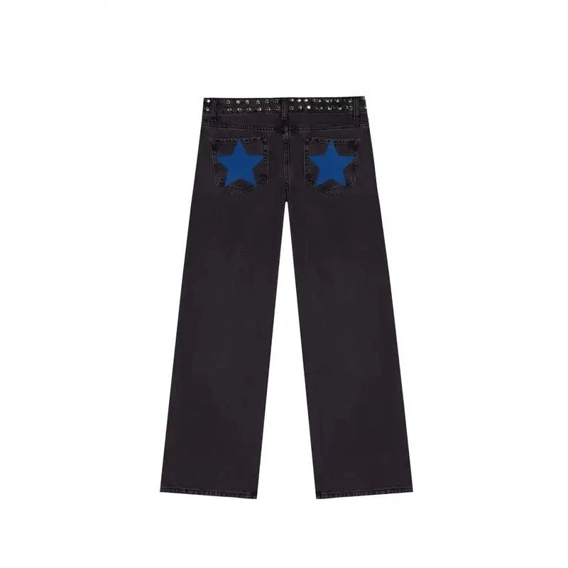 Mens Jeans Gothic Five Pointed Star Sequined Rivet Baggy Denim American Fashion Casual Mid Rise Slim Trousers Harajuku Style New