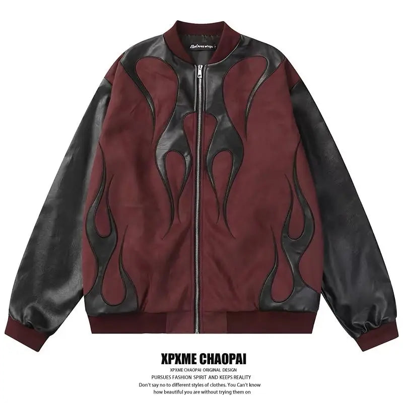 Mens Jacket Vintage Streetwear Burgundy Black PU Patchwork Baseball Collar Zip Up Coat Flame Design Loose Fit Retro Biker Style