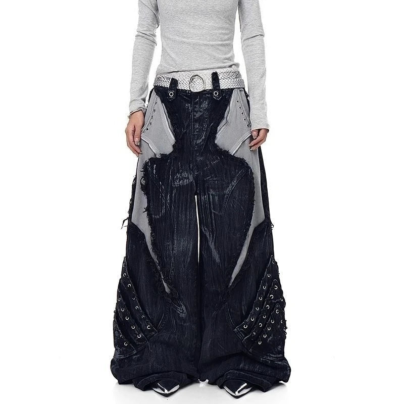 Mens Jeans Harajuku American Vibe Heavy Studded Denim Pants Plus Size Frayed Patchwork Wide Leg Floor Length Streetwear Fashion
