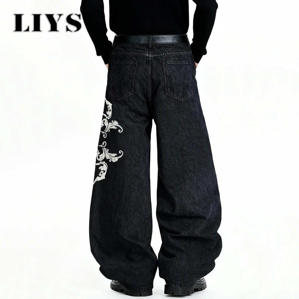 American Retro Street Men's Baggy Wide Leg Jeans Angel Wings Embroidery Button Hip-Hop Bad Boy Charm Loose Denim Pants Clothes
