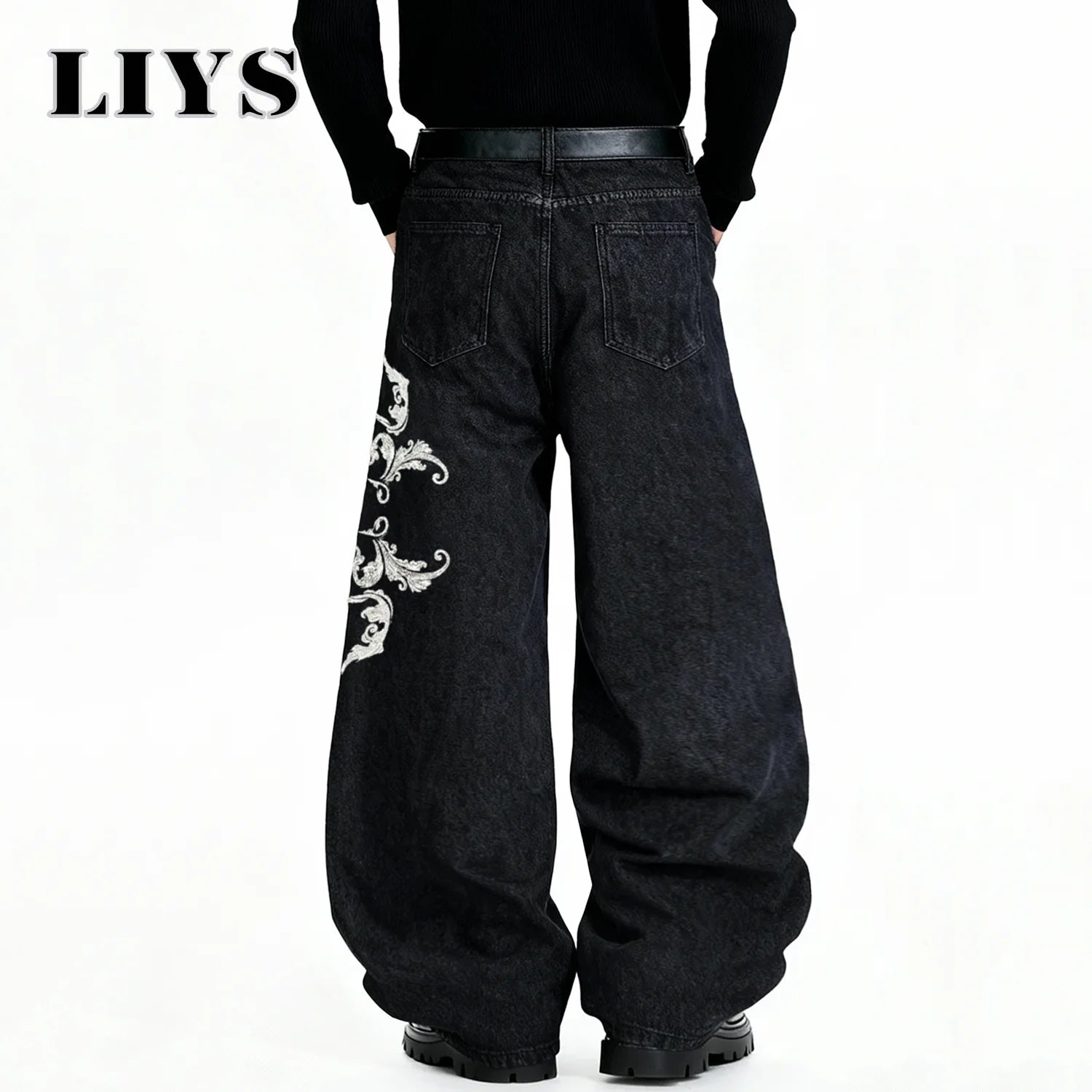 American Retro Street Men's Baggy Wide Leg Jeans Angel Wings Embroidery Button Hip-Hop Bad Boy Charm Loose Denim Pants Clothes