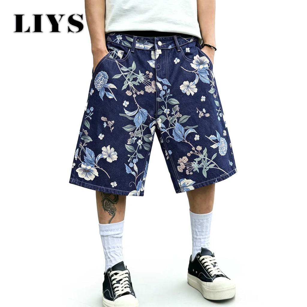 LIYS Japanese Korean Floral Print Jacquard Baggy Wide-leg Jeans Shorts American Street Fashion Shorts Elegant College Style ﻿