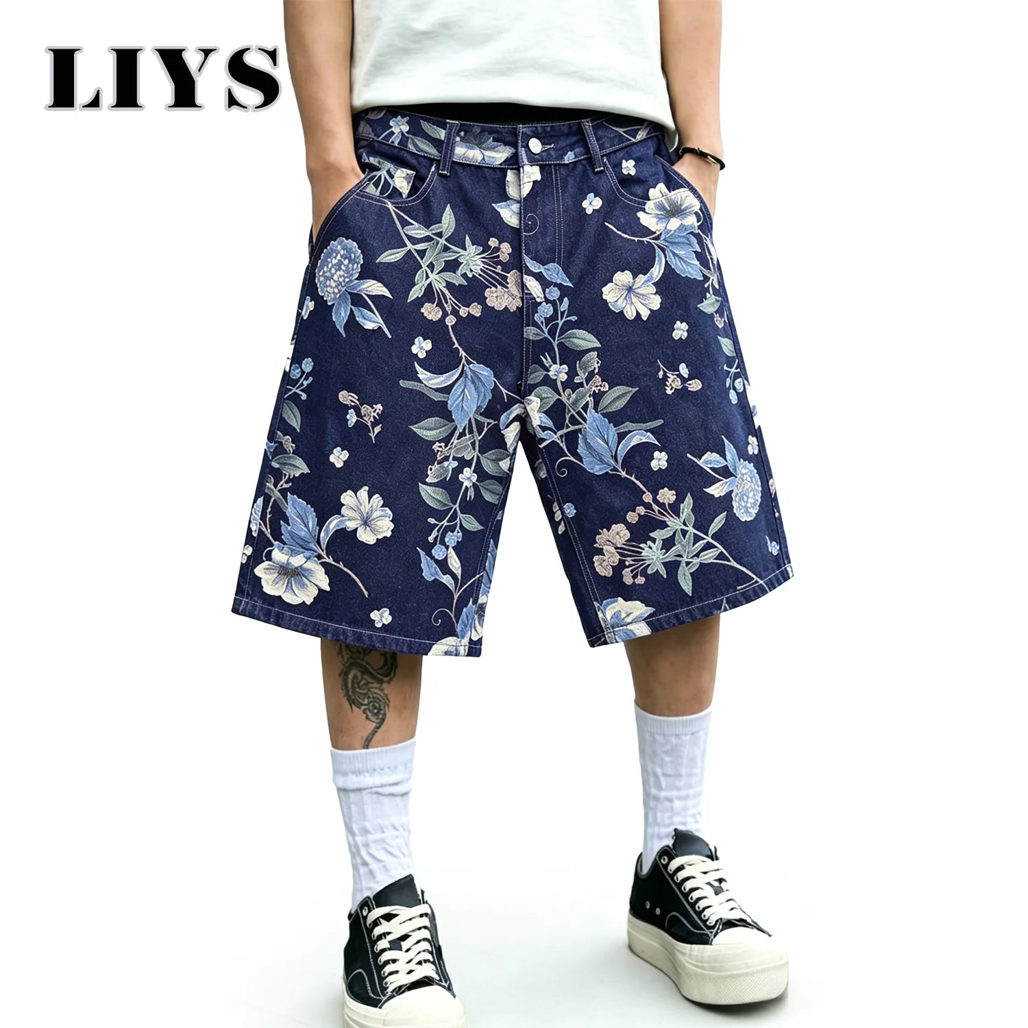 LIYS Japanese Korean Floral Print Jacquard Baggy Wide-leg Jeans Shorts American Street Fashion Shorts Elegant College Style ﻿