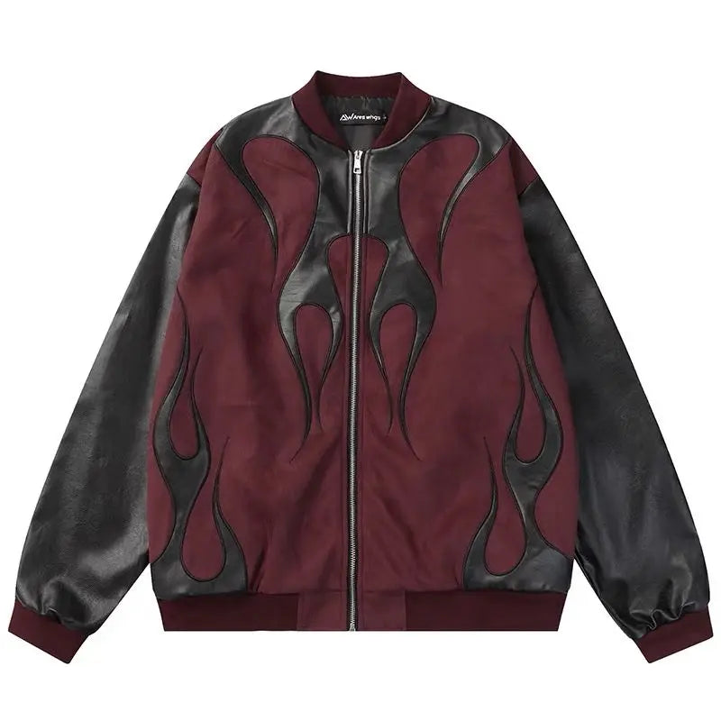 Mens Jacket Vintage Streetwear Burgundy Black PU Patchwork Baseball Collar Zip Up Coat Flame Design Loose Fit Retro Biker Style