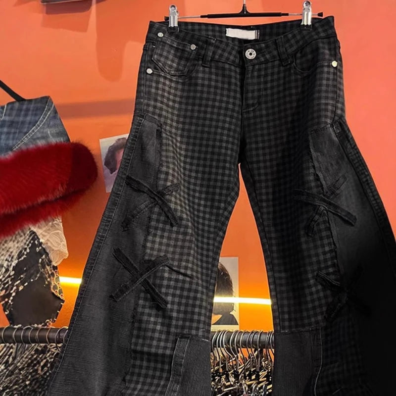 Mens Jeans Y2K Dark Plaid Patchwork Flared Denim Pants Harajuku Unisex Loose Fit Vintage Streetwear Casual Fashion Trend Arrival