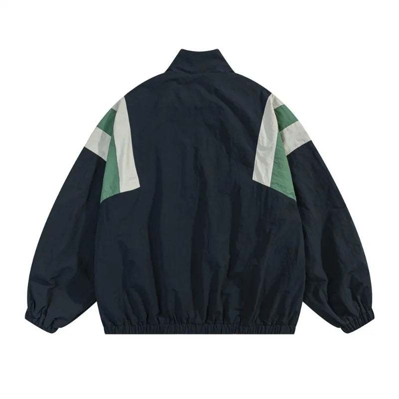 Harajuku Men's Windbreaker Jacket Loose Color Block Stand Collar Zipper Coat Waterproof Windproof Pilot Style American Street