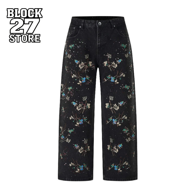 Hip Hop Vintage Floral Embroidered Jeans Unisex Y2k Streetwear High Street Loose Wide Leg Denim Pants Casual Harajuku Trousers