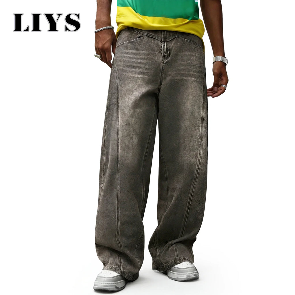 LIYS Men's American Retro Washed Ultra Baggy Wide Leg Jeans Four Seasons Split Splicing Denim Pants Unisex Denim Mopping Pants