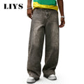 LIYS Men's American Retro Washed Ultra Baggy Wide Leg Jeans Four Seasons Split Splicing Denim Pants Unisex Denim Mopping Pants
