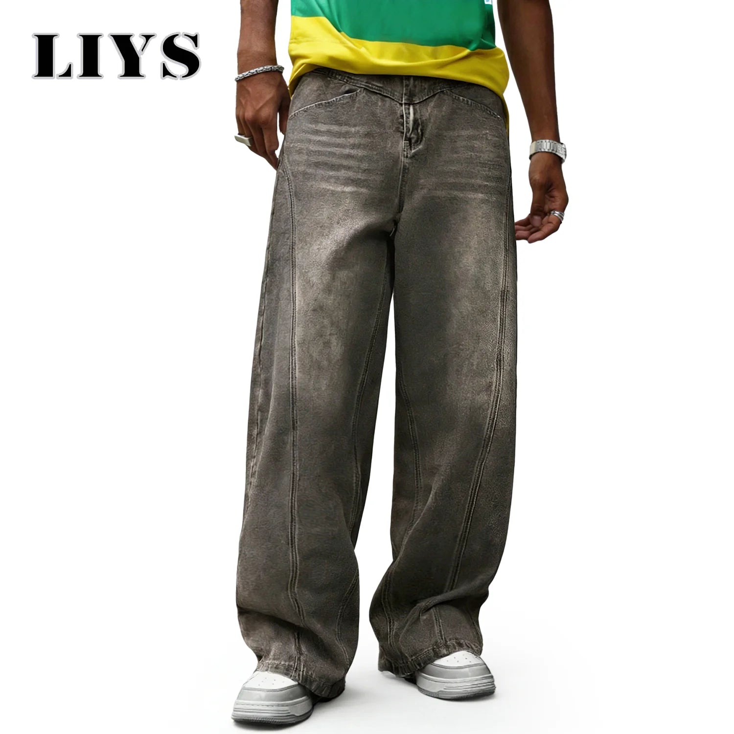 LIYS Men's American Retro Washed Ultra Baggy Wide Leg Jeans Four Seasons Split Splicing Denim Pants Unisex Denim Mopping Pants