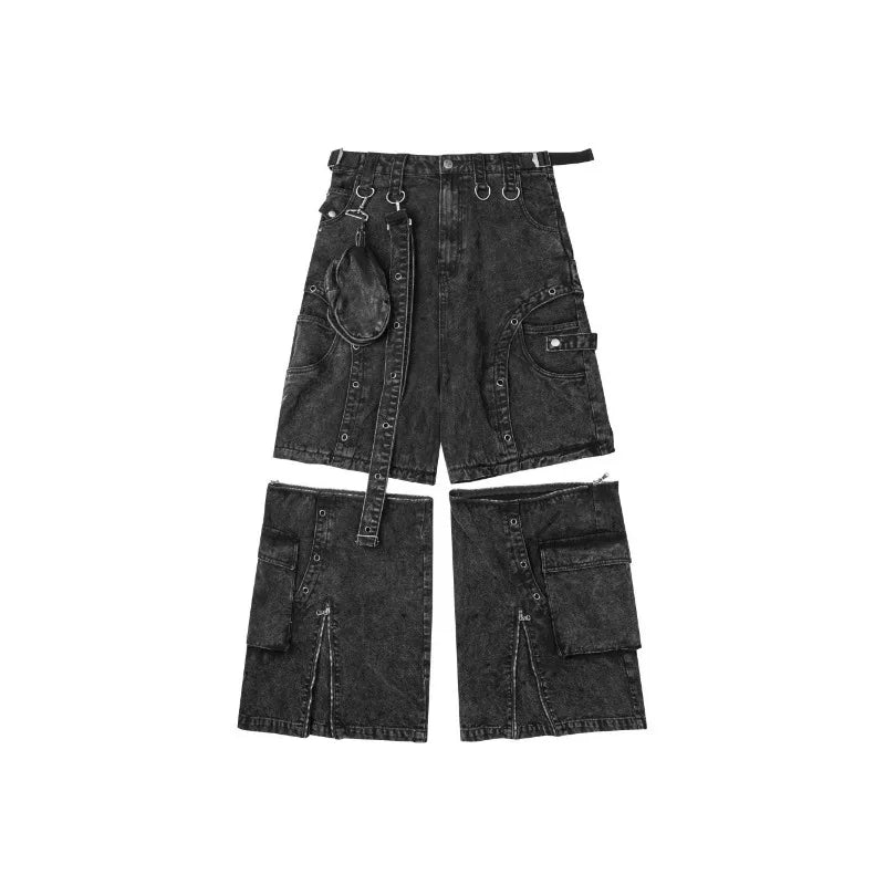 Mens Jeans Harajuku American High Street Streetwear Multi Pocket Detachable Denim Pants Distressed Metal Ring Wide Leg Cargo New
