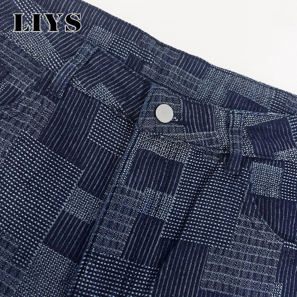 LIYS Men's Four Seasons American Fashion Geometric Block Printed Casual High Street Handsome Retro Look Thin Wide Leg Pants