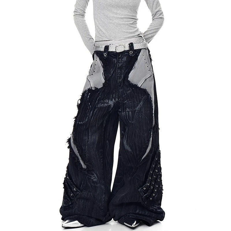 Mens Jeans Harajuku American Vibe Heavy Studded Denim Pants Plus Size Frayed Patchwork Wide Leg Floor Length Streetwear Fashion