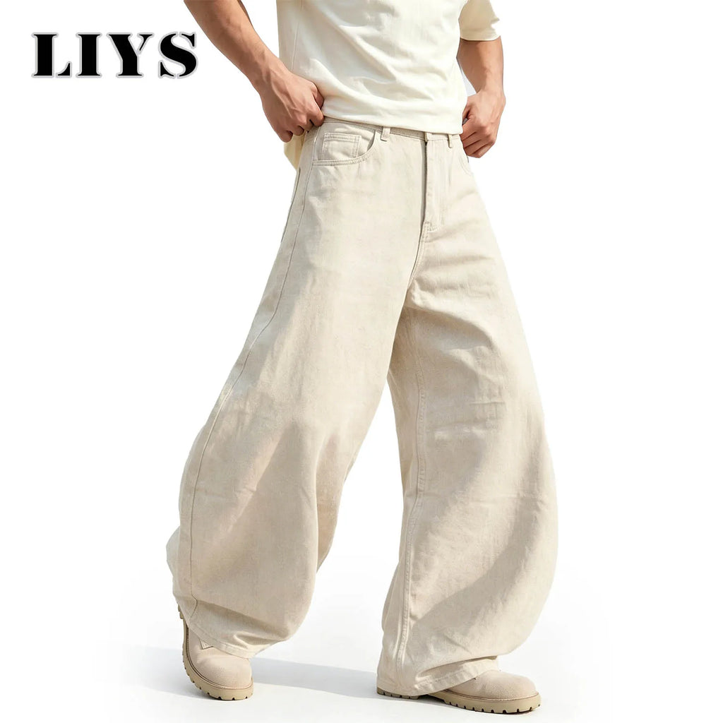 LIYS Men's American Beige Loose Wide Leg Jeans High Waisted Streetwear Hip-Hop Fashion Loose Denim Pants Y2K Retro Casual Pants