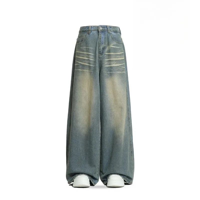 Mens Jeans Harajuku Vintage Washed Pocket Design Straight Denim Pants High Waist Loose Wide Leg Floor Length Trousers Casual New