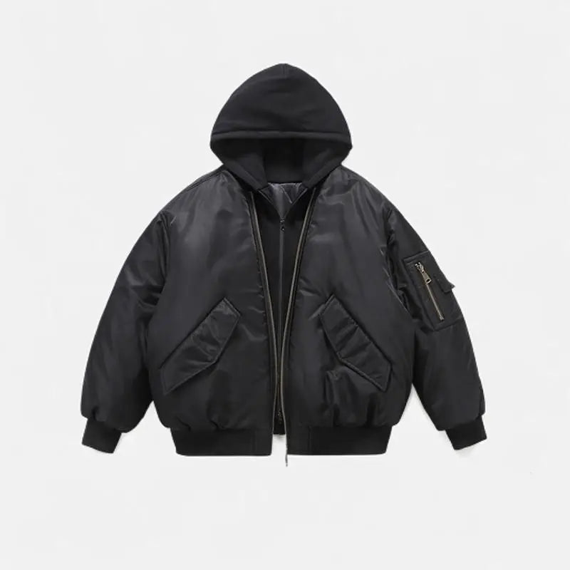 Mens Jacket Harajuku American Aviator Hooded Cotton Bomber Winter Thick Warm Fake Two Piece Streetwear Casual Fashion Coat New