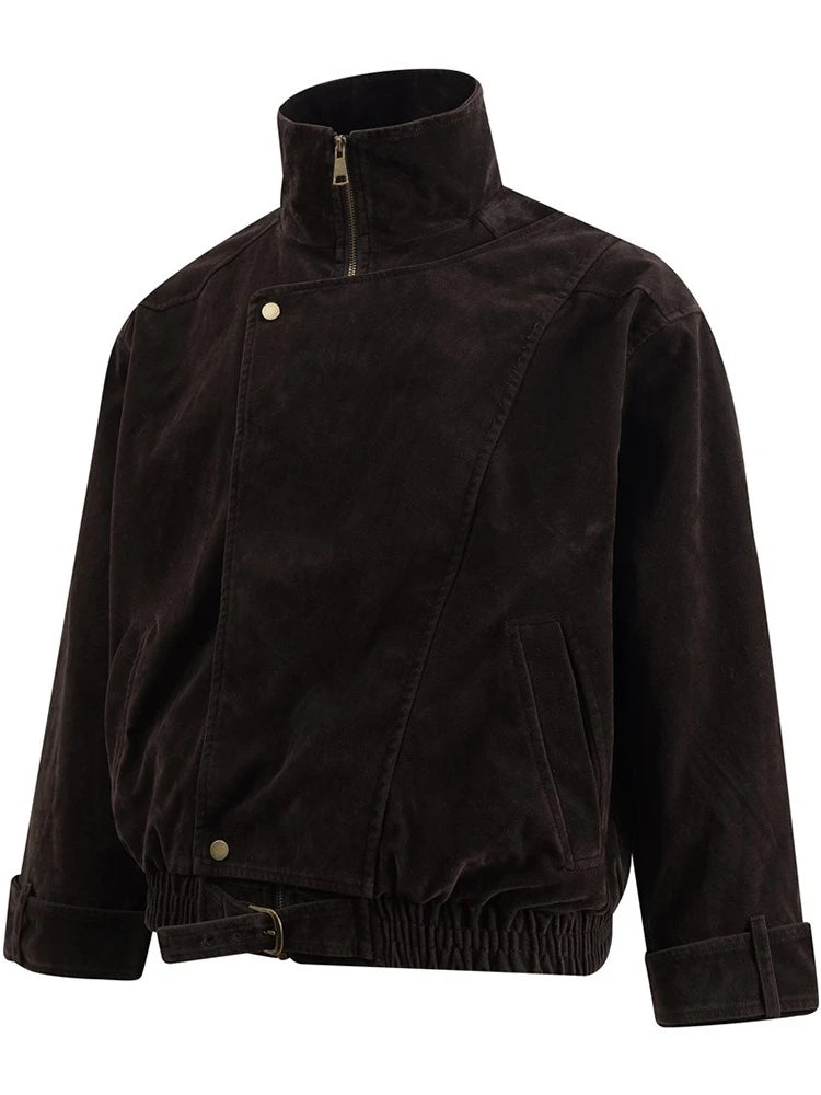 Jackets for Man Streetwear American Workwear Jacket Solid Color Stand Collar Asymmetrical Zipper Design Autumn Clean Fit Fashion