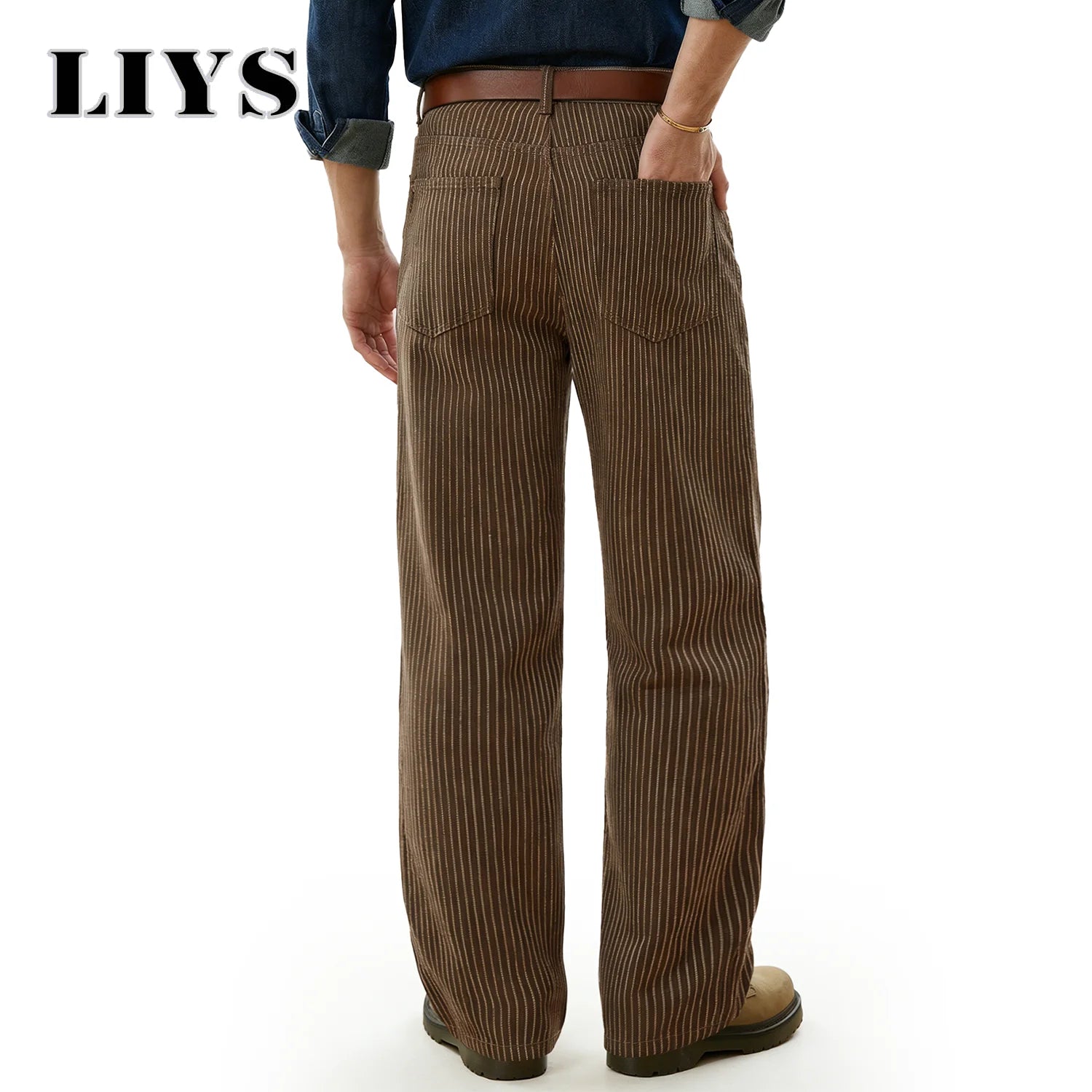 LIYS Japanese Korean Vertical Striped Jacquard Wide-leg Jeans British Retro Striped Business Casual Baggy-Fitting Denim Pants