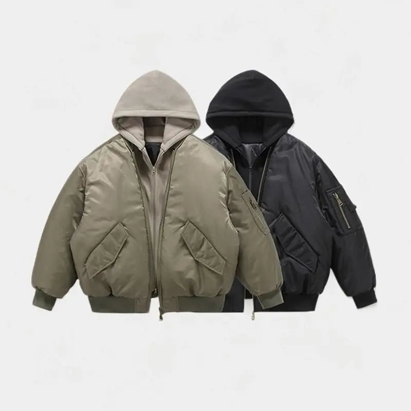 Mens Jacket Harajuku American Aviator Hooded Cotton Bomber Winter Thick Warm Fake Two Piece Streetwear Casual Fashion Coat New