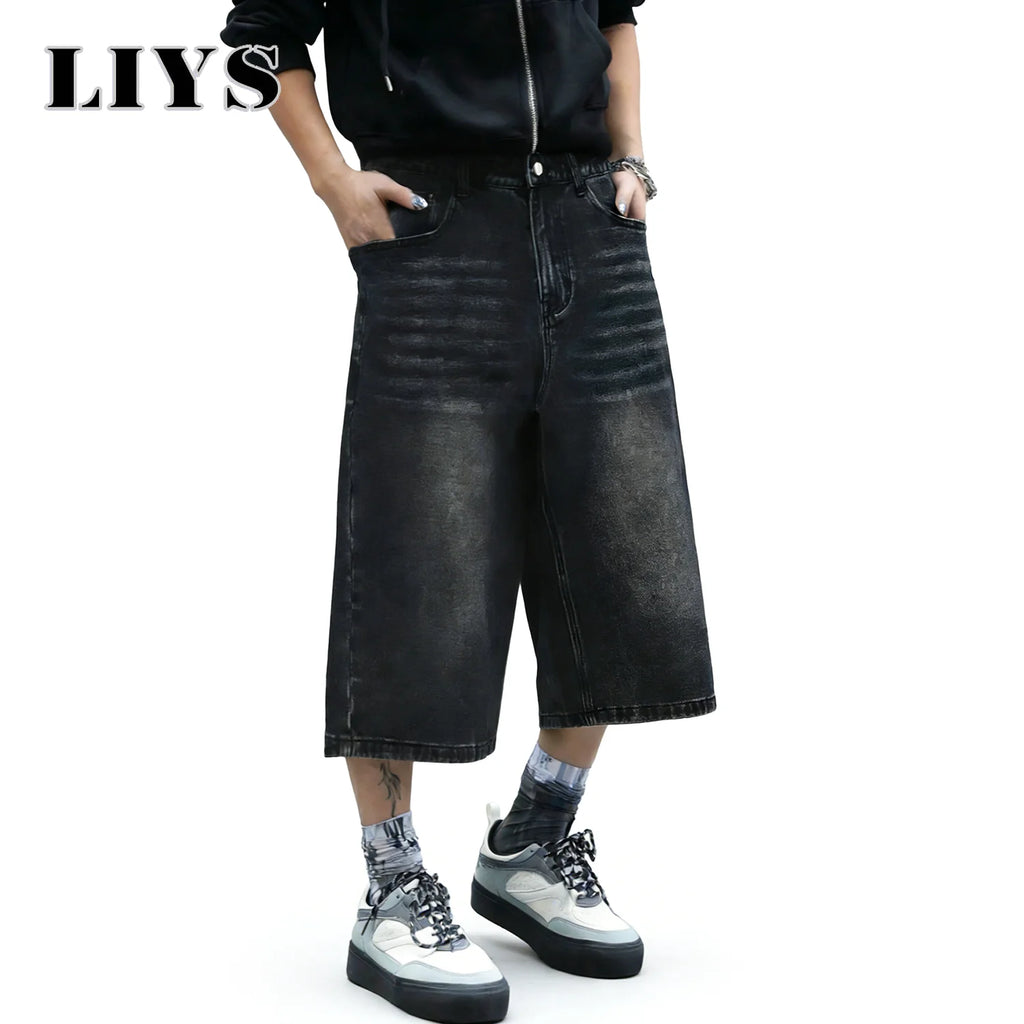 LIYS American Retro Classic Black Ultra Baggy Wide Leg Men's Denim Shorts Spring Summer Casual Oversized Jeans Men's Clothes