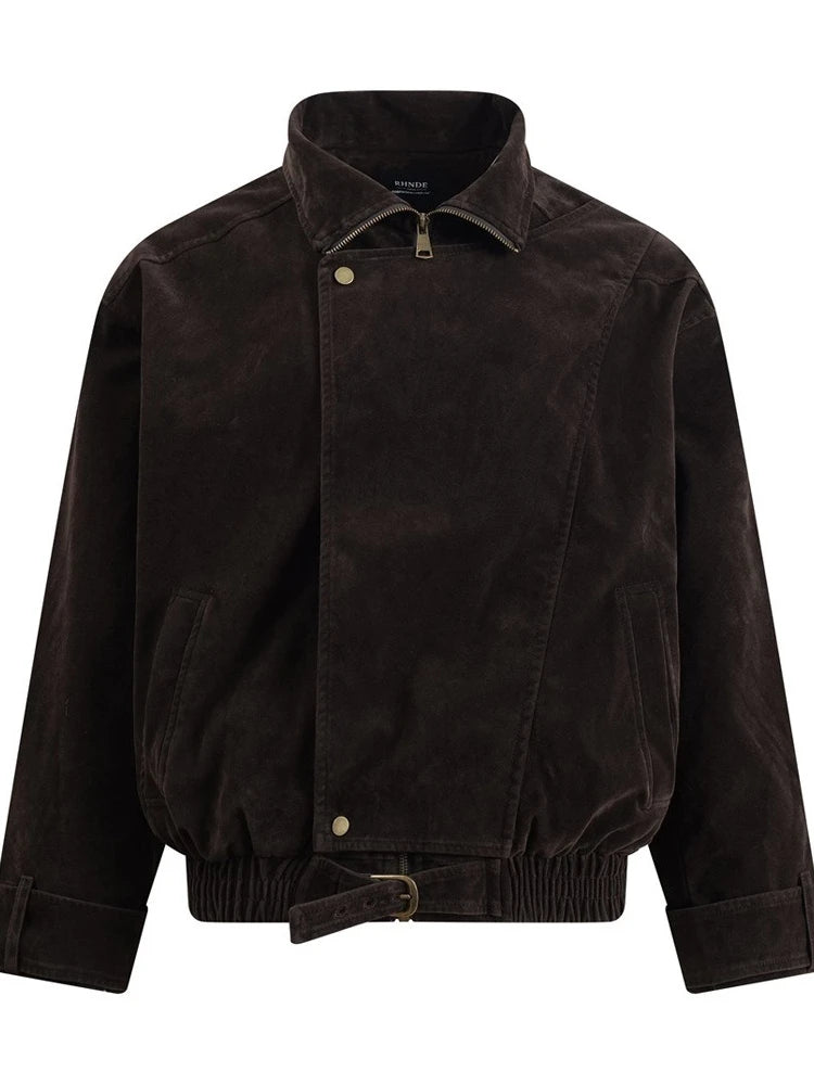 Jackets for Man Streetwear American Workwear Jacket Solid Color Stand Collar Asymmetrical Zipper Design Autumn Clean Fit Fashion