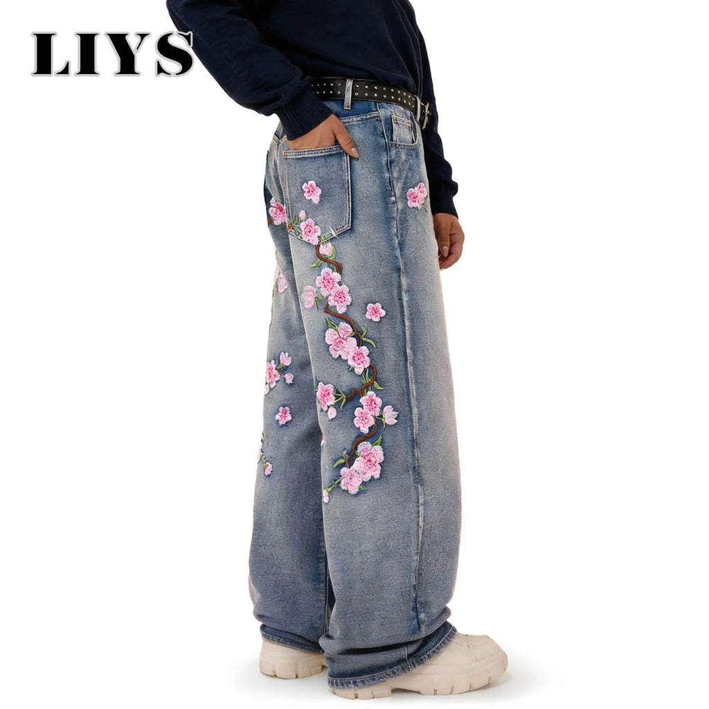 LIYS American Street Embroidered Baggy Wide-leg Jeans Unisex Trendy Korean Style Cherry Blossom Embroidery Distressed Denim Pant
