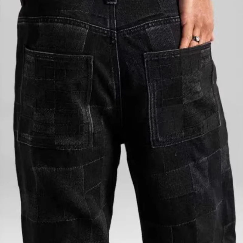 Mens Jeans Harajuku American High Street Streetwear Premium Wide Leg Denim Pants Straight Fit Spring Summer Plaid Casual Unisex