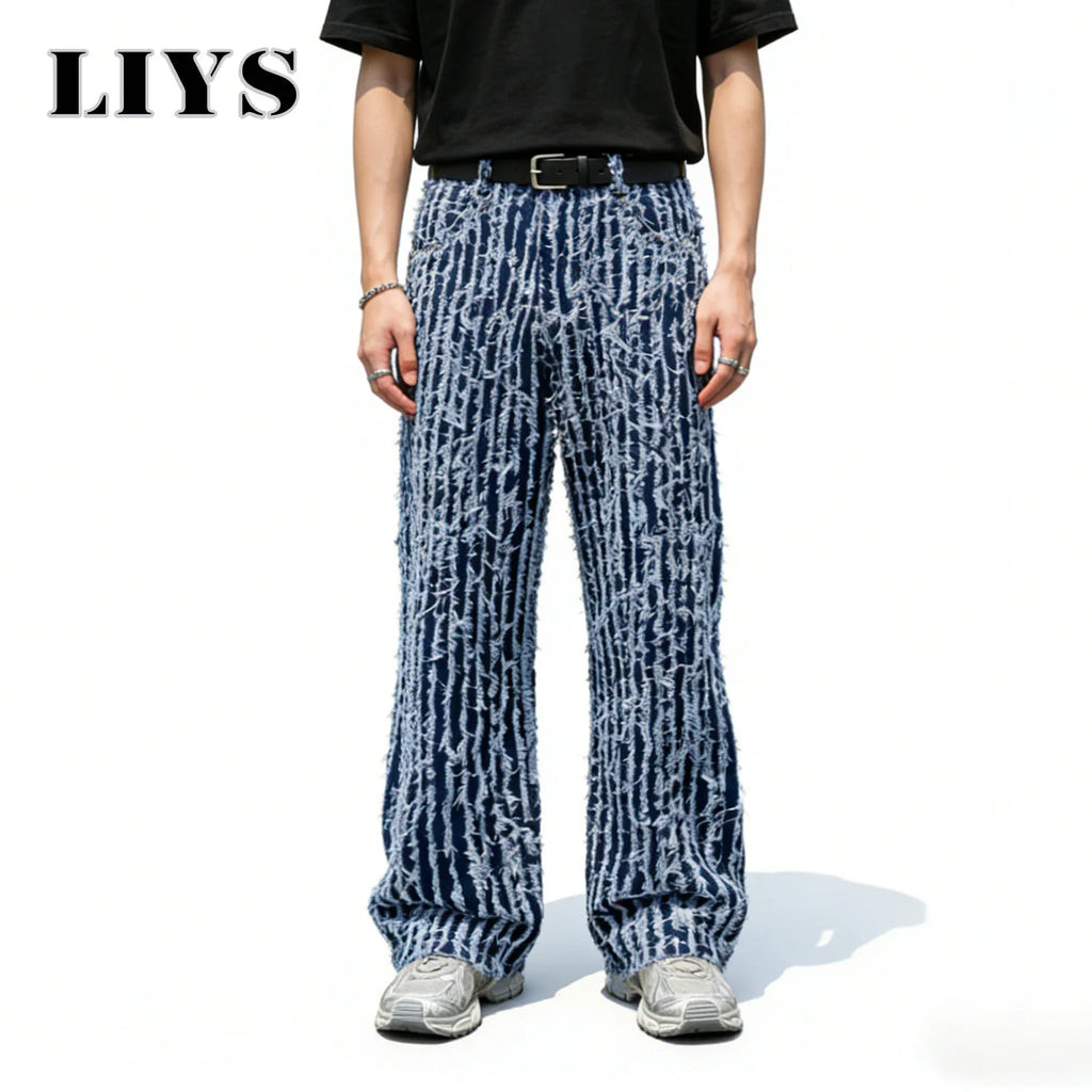 LIYS Japanese-Korean Jacquard Dark Blue Stripes Tassels Ultra Baggy Wide-leg Jeans Stylish Jacquard Baggy Wide-leg Denim Pants