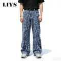 LIYS Japanese-Korean Jacquard Dark Blue Stripes Tassels Ultra Baggy Wide-leg Jeans Stylish Jacquard Baggy Wide-leg Denim Pants