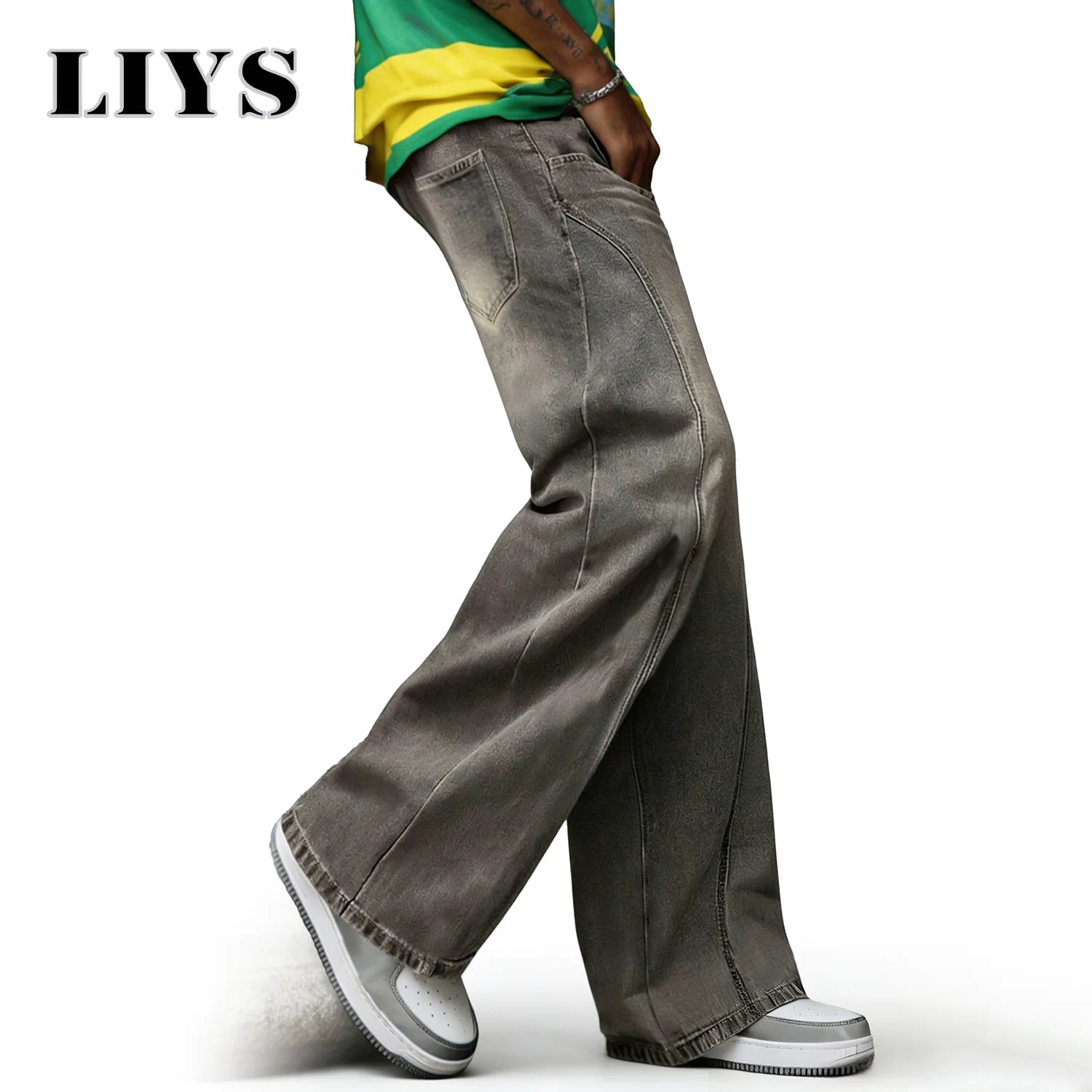 LIYS Men's American Retro Washed Ultra Baggy Wide Leg Jeans Four Seasons Split Splicing Denim Pants Unisex Denim Mopping Pants