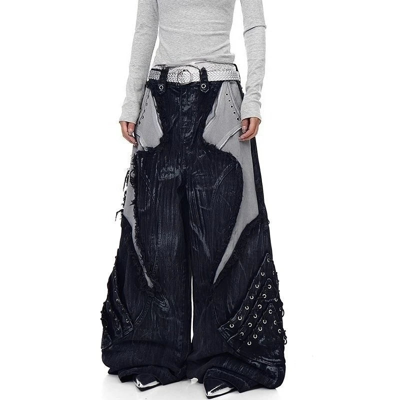Mens Jeans Harajuku American Vibe Heavy Studded Denim Pants Plus Size Frayed Patchwork Wide Leg Floor Length Streetwear Fashion