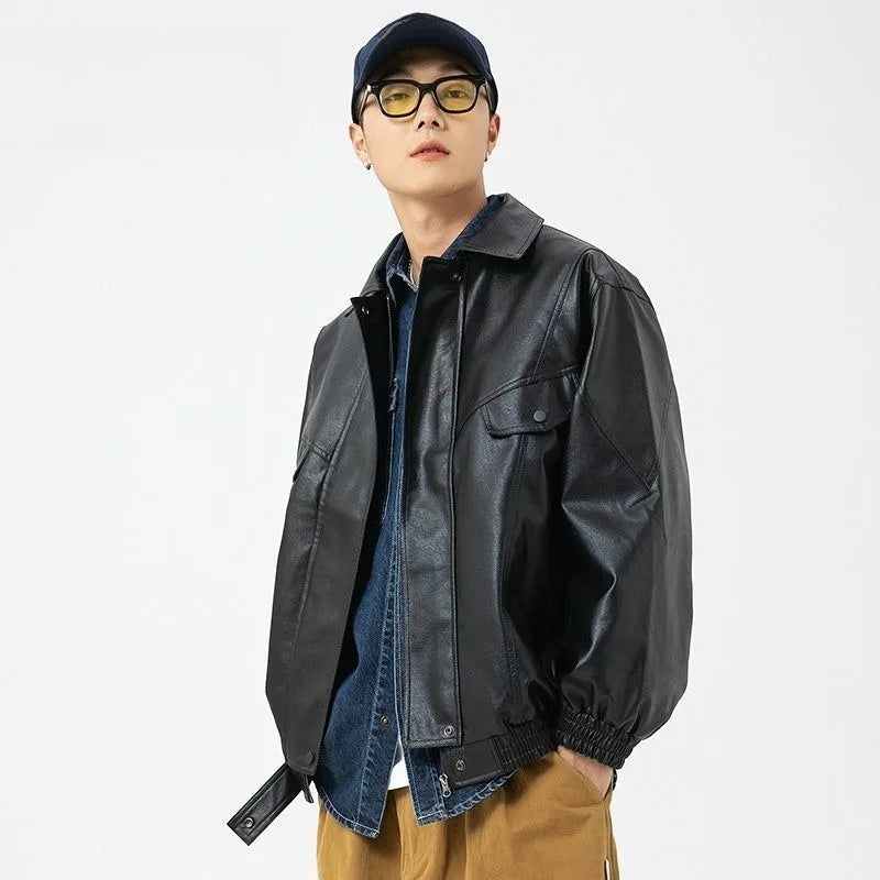 Mens Jacket Harajuku Spring Autumn Faux Leather Coat Lapel Solid Color Plus Size Loose Fit Hong Kong Style Streetwear Fashion