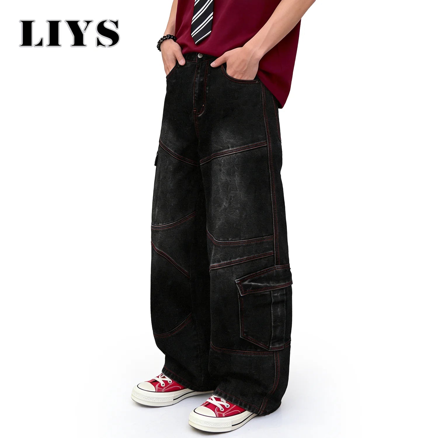 LIYS American Retro Four Seasons Black Baggy Wide Leg Men's Cargo Jeans Street Youth Splicing Multi Pocket Denim Pants Unisex