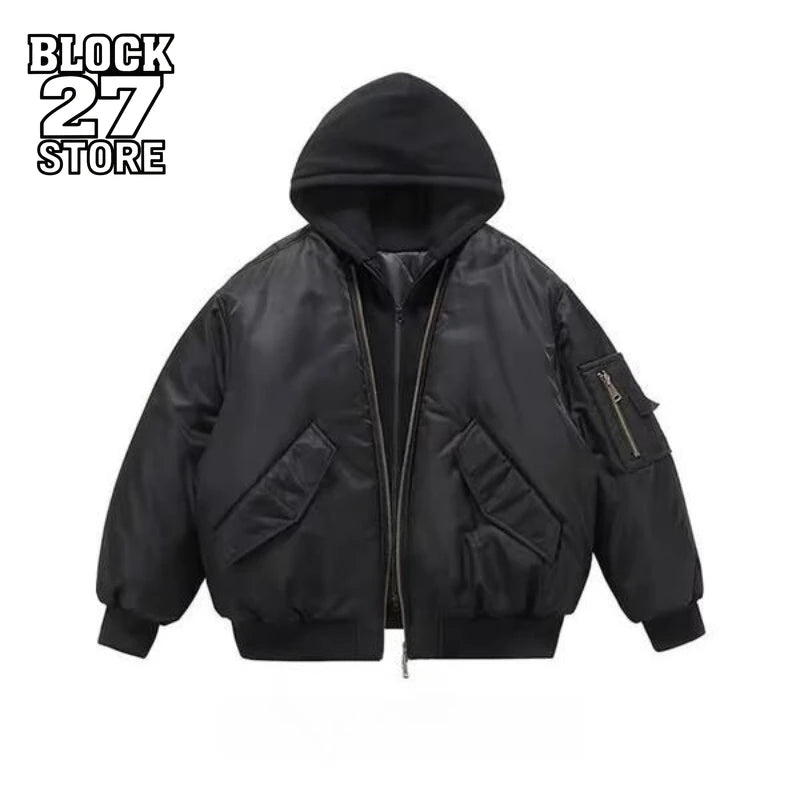 Mens Jacket Harajuku American Aviator Hooded Cotton Bomber Winter Thick Warm Fake Two Piece Streetwear Casual Fashion Coat New