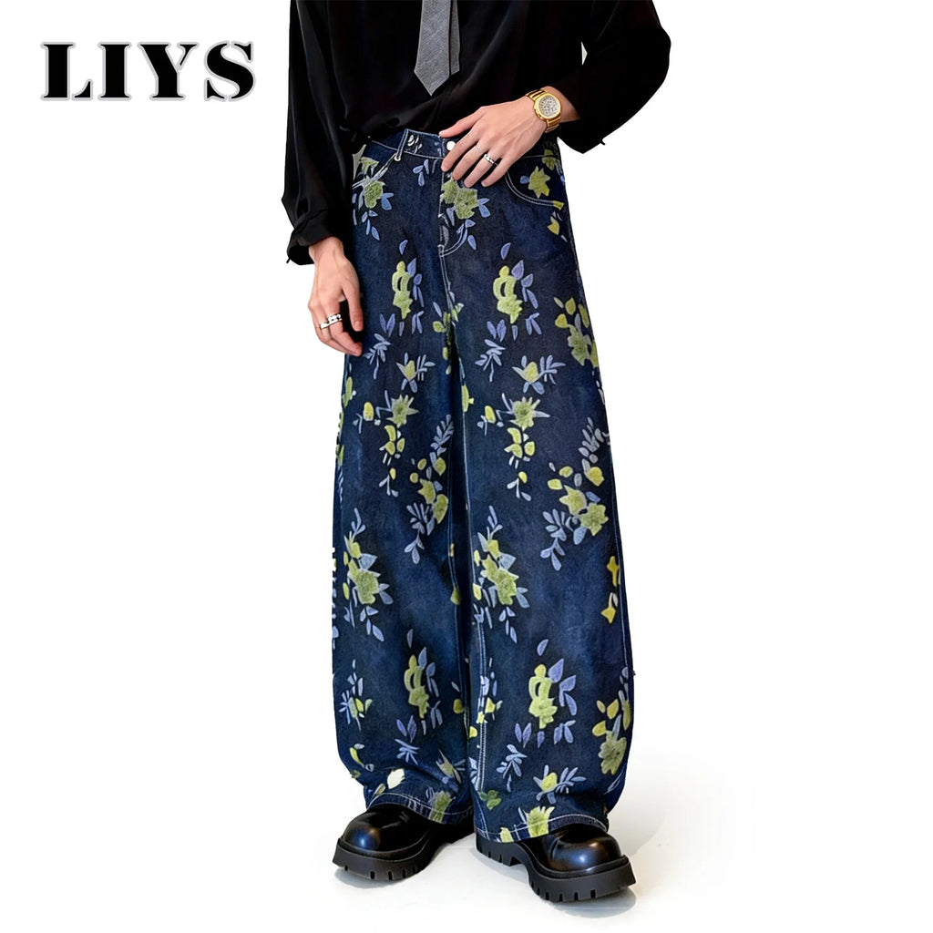 LIYS Japanese-Korean Style Floral Jacquard Fabric Baggy Wide-leg Jeans American Retro Floral Jacquard Fabric Wide-leg Denim Pant