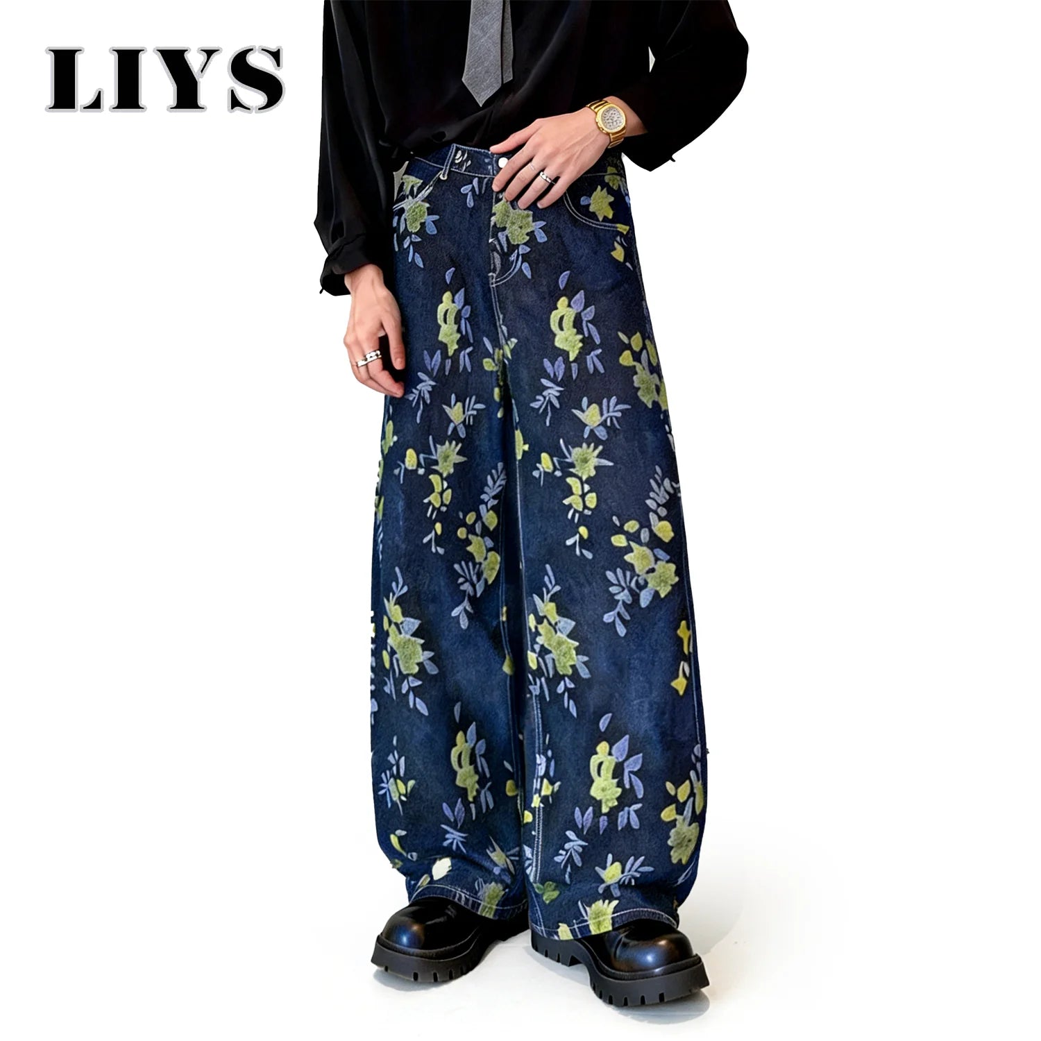 LIYS Japanese-Korean Style Floral Jacquard Fabric Baggy Wide-leg Jeans American Retro Floral Jacquard Fabric Wide-leg Denim Pant