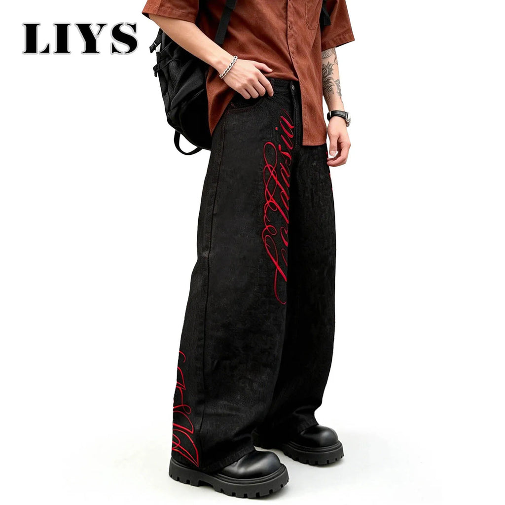 LIYS American Retro Color-blocked Embroidered Baggy Wide-leg Jeans New Japanese Korean Style Embroidered Wide-leg Denim Pants