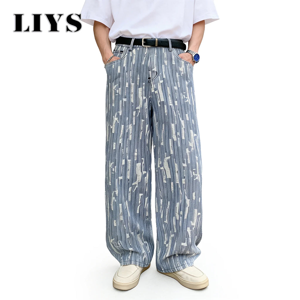 LIYS Men's Vertical Striped Jacquard Baggy Wide Leg Jeans Retro Business Casual Pants Spring Summer Street Fashion Trendy Style