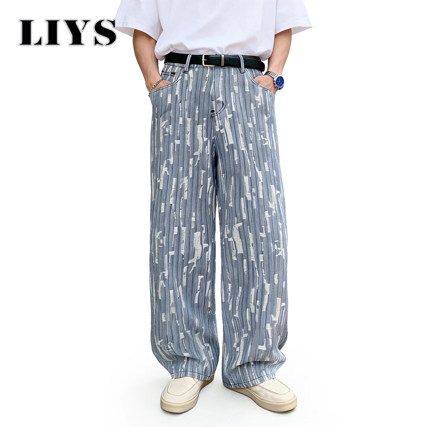 LIYS Men's Vertical Striped Jacquard Baggy Wide Leg Jeans Retro Business Casual Pants Spring Summer Street Fashion Trendy Style