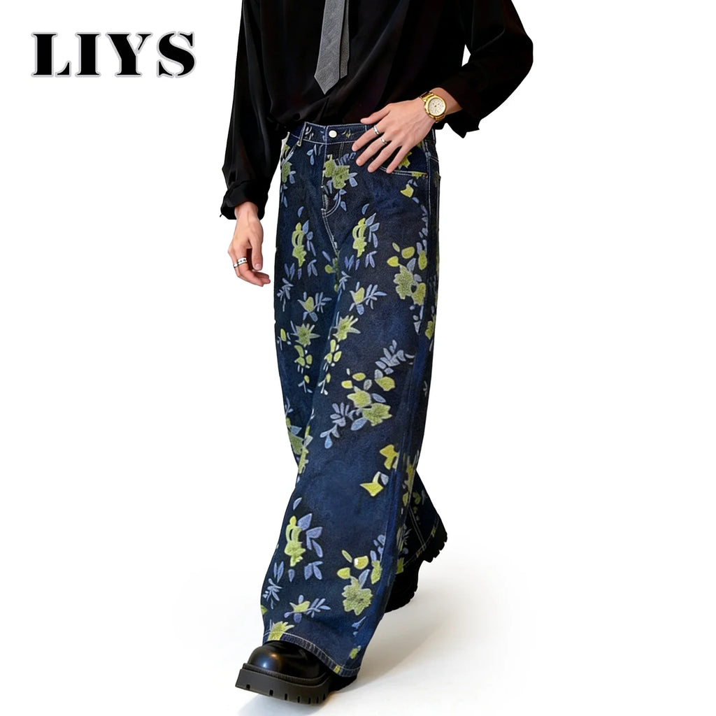 LIYS Japanese-Korean Style Floral Jacquard Fabric Baggy Wide-leg Jeans American Retro Floral Jacquard Fabric Wide-leg Denim Pant