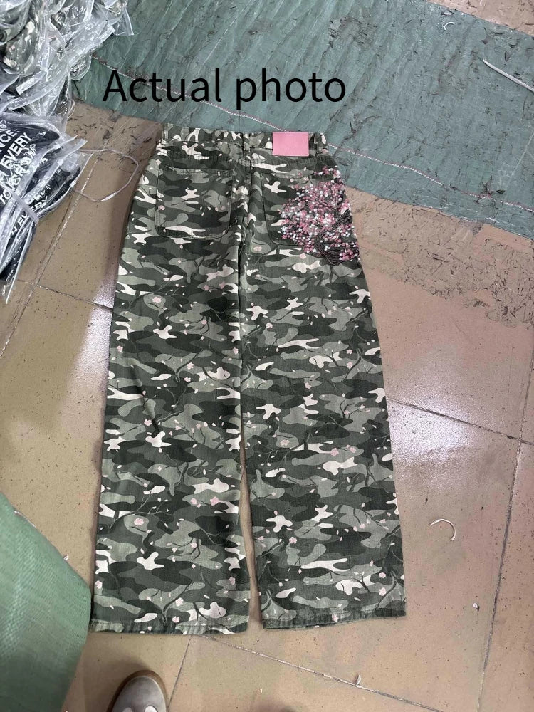 Mens Jeans Y2K Sakura Embroidery Camo Denim Pants Harajuku Unisex Loose Fit Straight Leg Wide Streetwear Fashion Trend Arrival