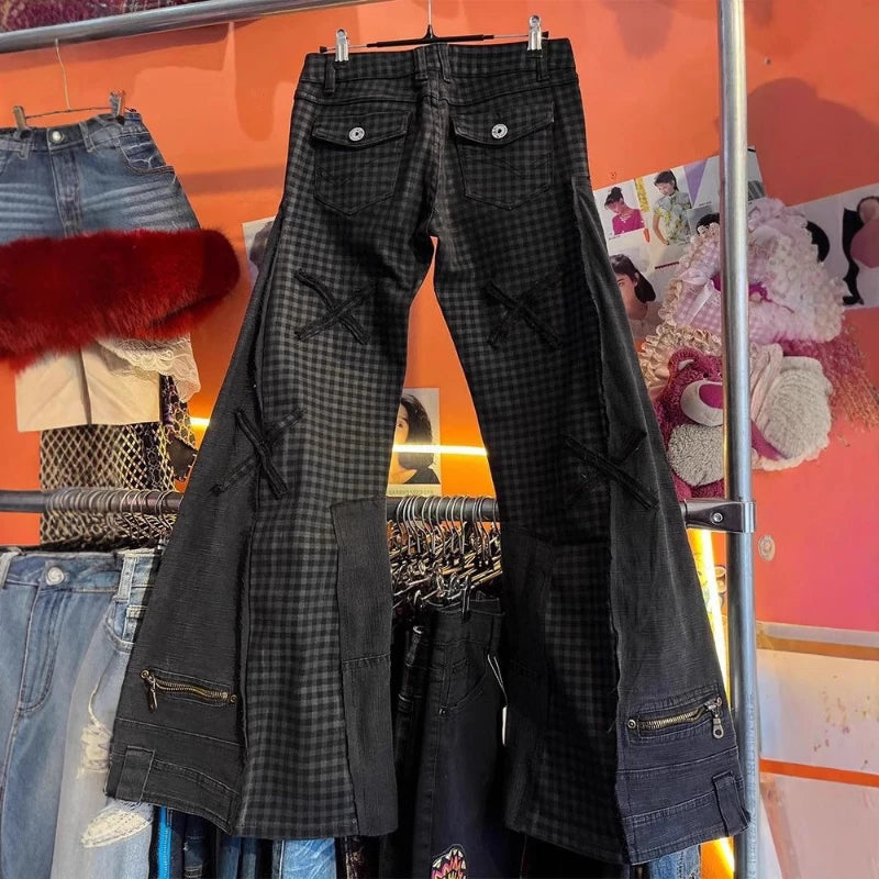 Mens Jeans Y2K Dark Plaid Patchwork Flared Denim Pants Harajuku Unisex Loose Fit Vintage Streetwear Casual Fashion Trend Arrival