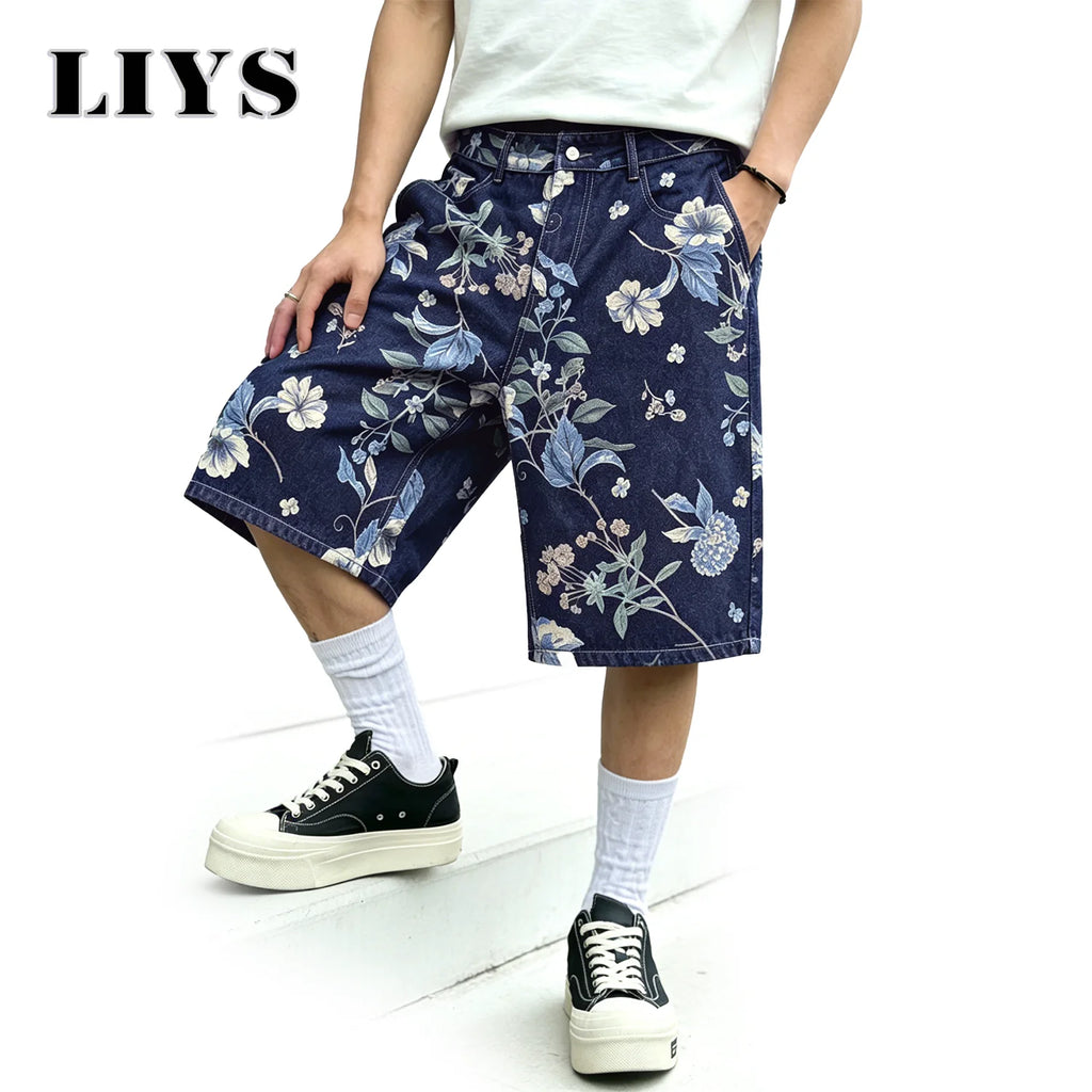 LIYS Japanese Korean Floral Print Jacquard Baggy Wide-leg Jeans Shorts American Street Fashion Shorts Elegant College Style ﻿