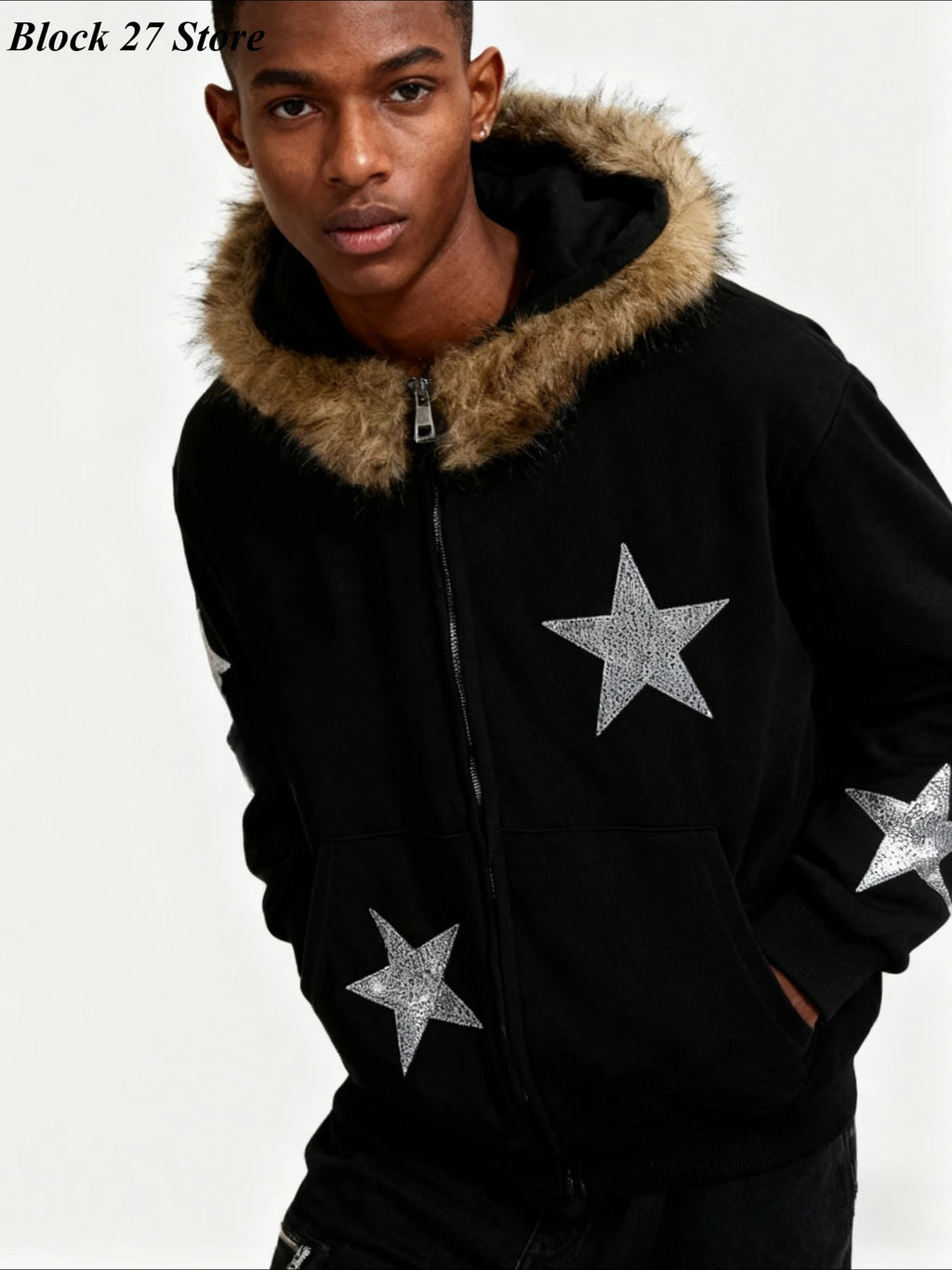 American Vintage Star Rhinestone Zip Up Hoodie Women Men Fur Collar Detachable Design Loose Winter Warm Y2K Streetwear Jacket