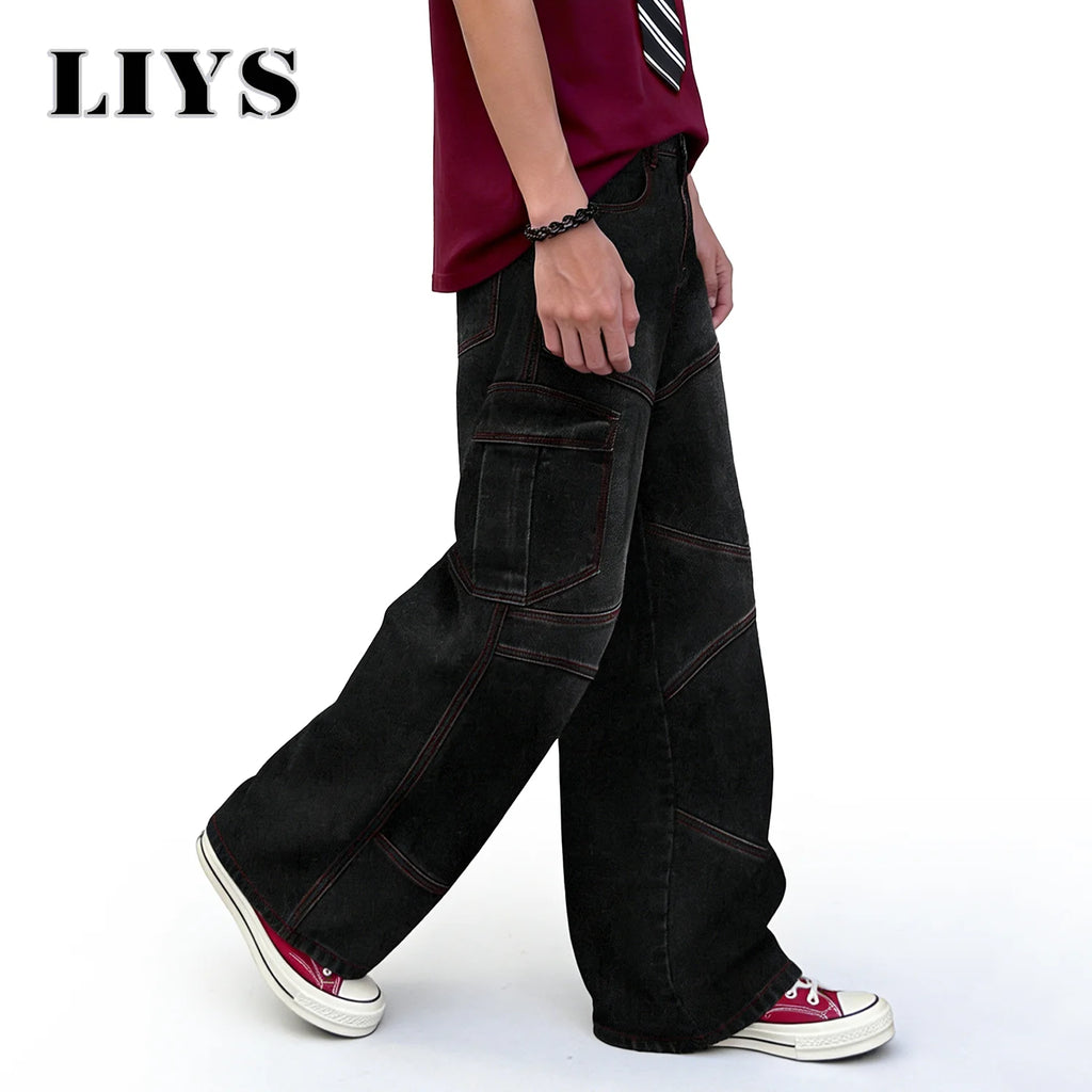 LIYS American Retro Four Seasons Black Baggy Wide Leg Men's Cargo Jeans Street Youth Splicing Multi Pocket Denim Pants Unisex
