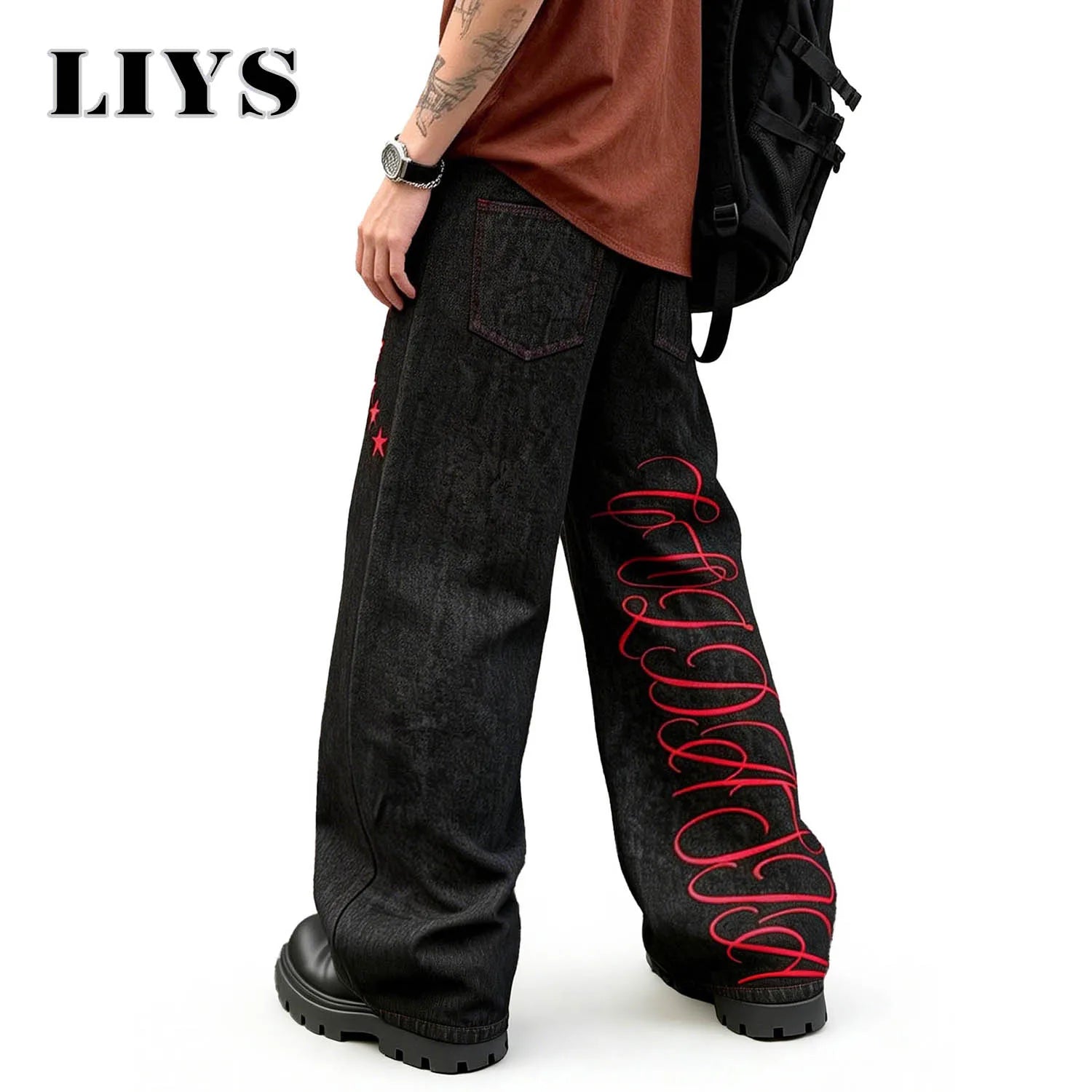 LIYS American Retro Color-blocked Embroidered Baggy Wide-leg Jeans New Japanese Korean Style Embroidered Wide-leg Denim Pants