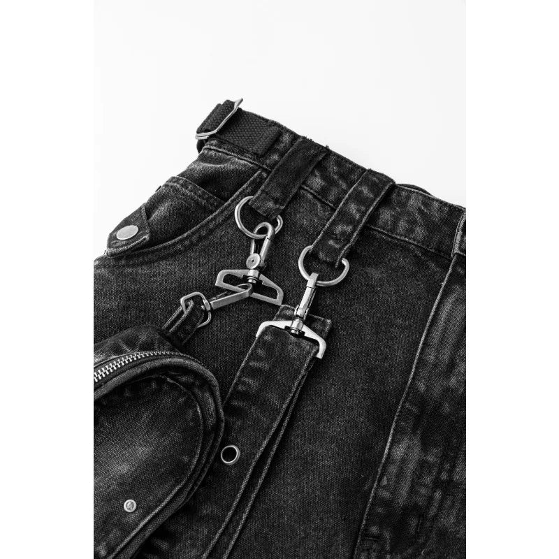 Mens Jeans Harajuku American High Street Streetwear Multi Pocket Detachable Denim Pants Distressed Metal Ring Wide Leg Cargo New