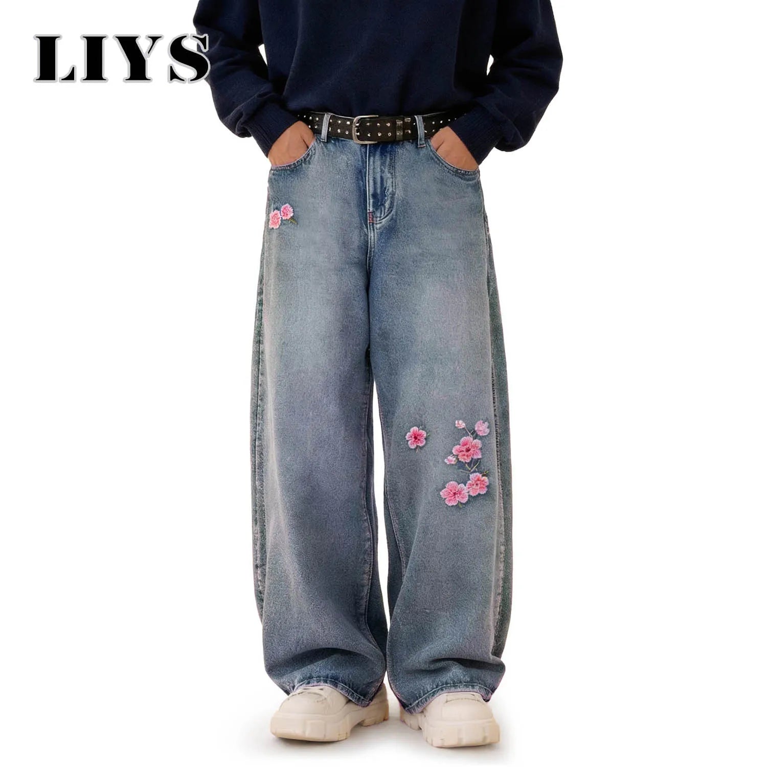 LIYS American Street Embroidered Baggy Wide-leg Jeans Unisex Trendy Korean Style Cherry Blossom Embroidery Distressed Denim Pant