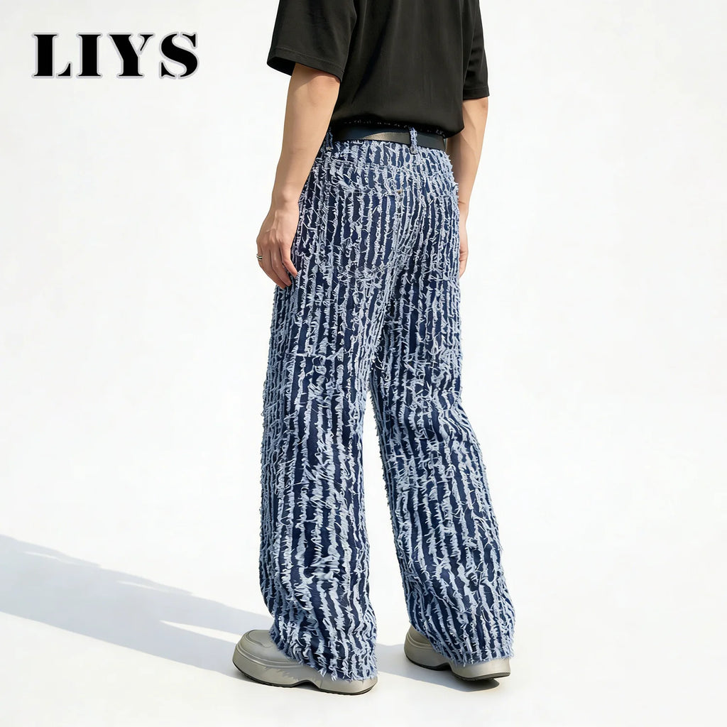 LIYS Japanese-Korean Jacquard Dark Blue Stripes Tassels Ultra Baggy Wide-leg Jeans Stylish Jacquard Baggy Wide-leg Denim Pants