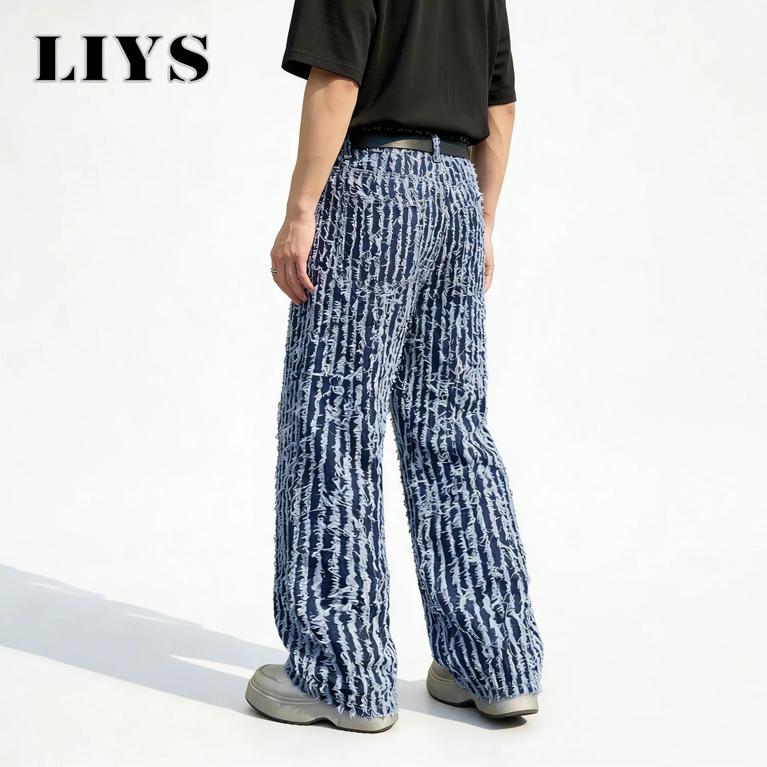LIYS Japanese-Korean Jacquard Dark Blue Stripes Tassels Ultra Baggy Wide-leg Jeans Stylish Jacquard Baggy Wide-leg Denim Pants